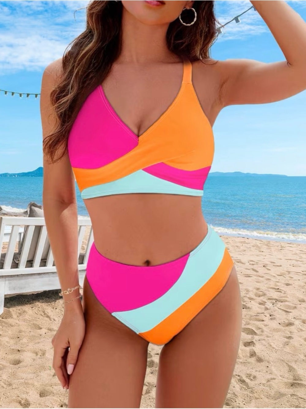Colorblock V-Neck Women's Bikini Set - Pink, Orange & Light Blue